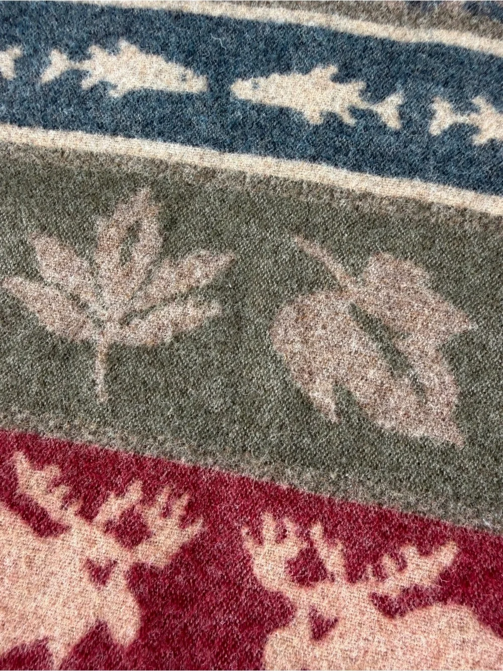 VTG Woolrich Lodge Camp Fair Isle Blanket Sherpa Moose Fish Leaves 57x64 GUC